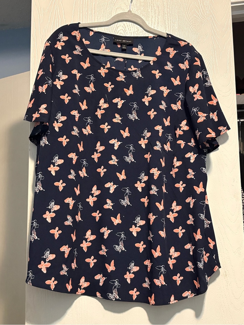 Lane Bryant Navy Top with Coral Butterfly Print